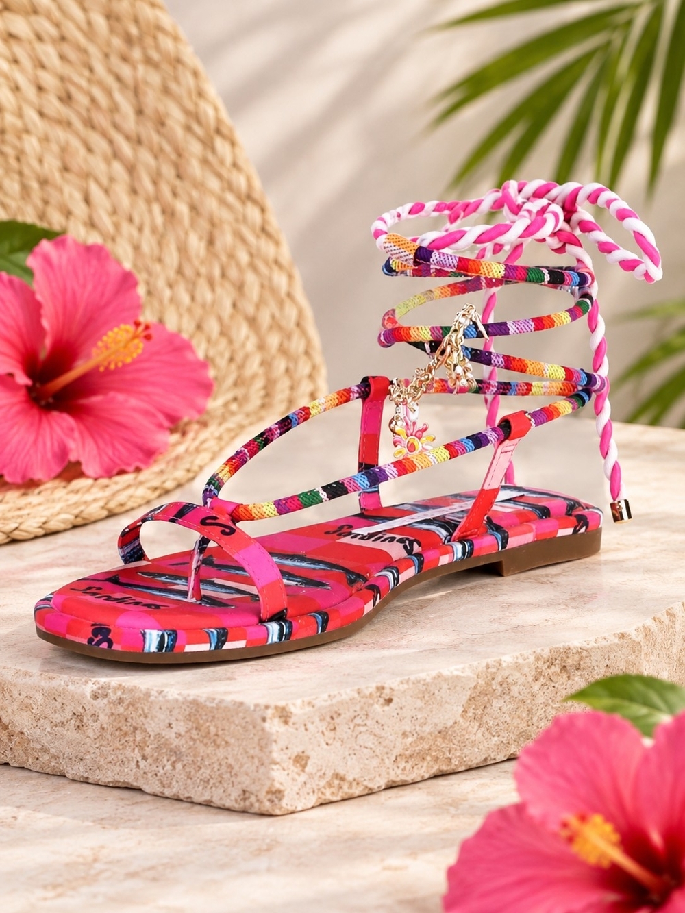 Gianni Bini Cayman Charm Rainbow Ankle Wrap Flat Sandals Size 8.5